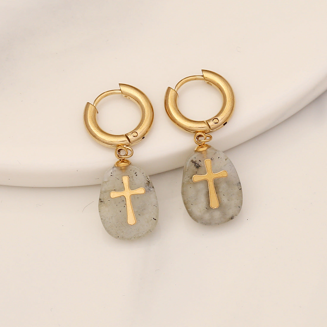 Wholesale Natural Stone Cross Stainless Steel Earrings