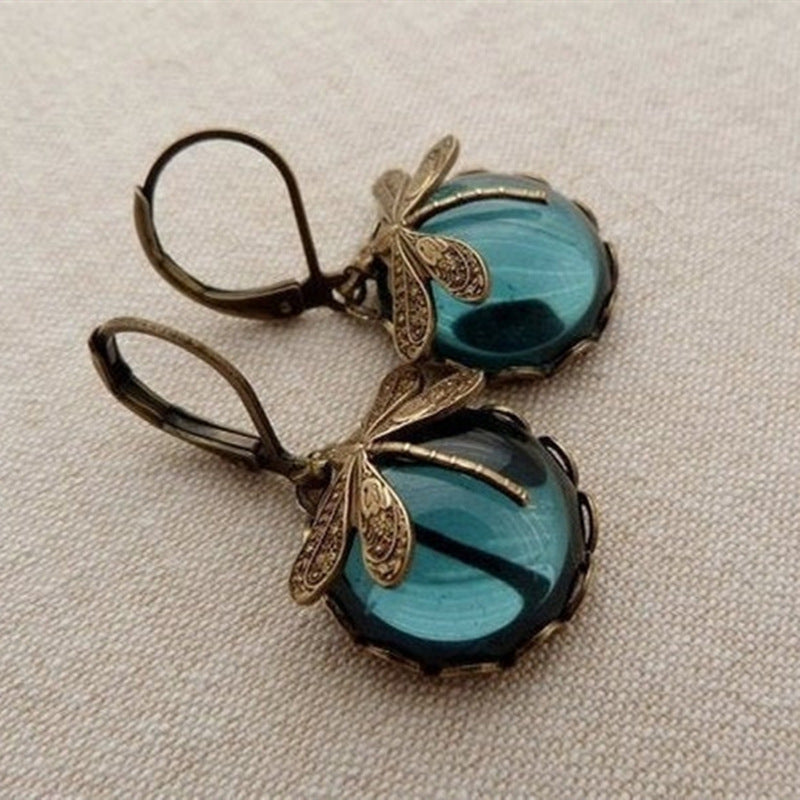 Wholesale Alloy Vintage Dragonfly Green Crystal Dangle Earrings