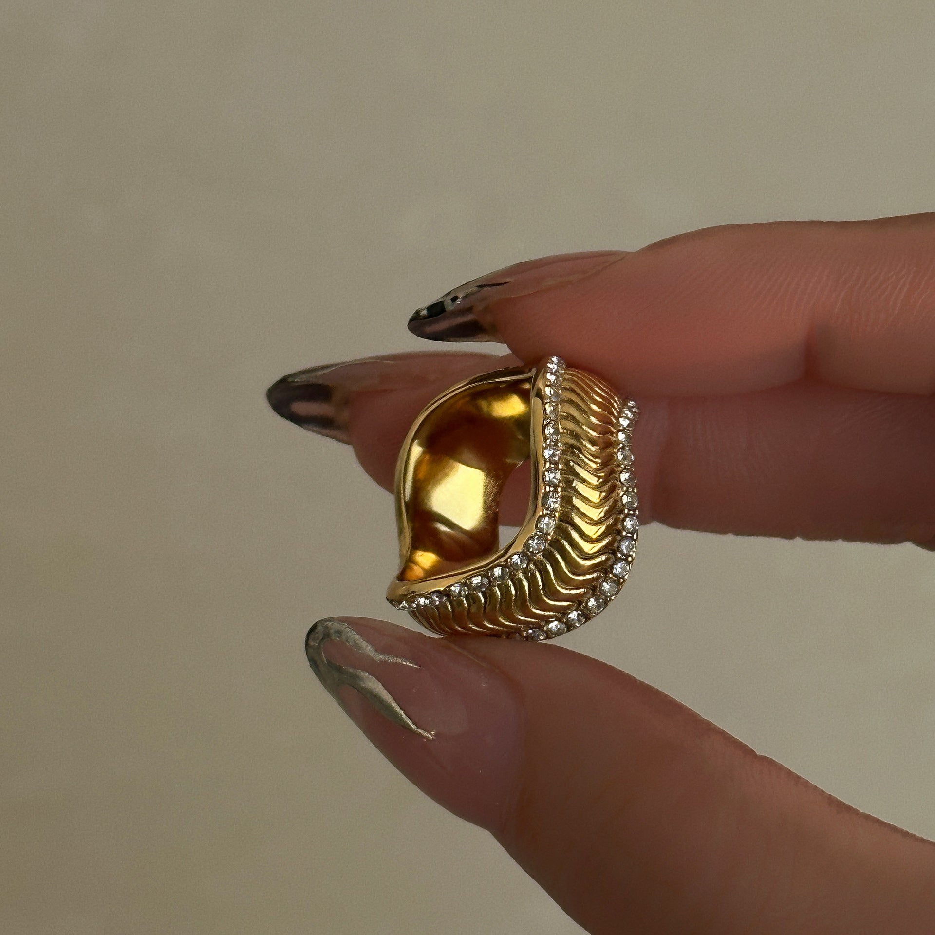 Wholesale 18k Real Gold Plated Titanium Steel Snake Bone Wave Zircon Ring