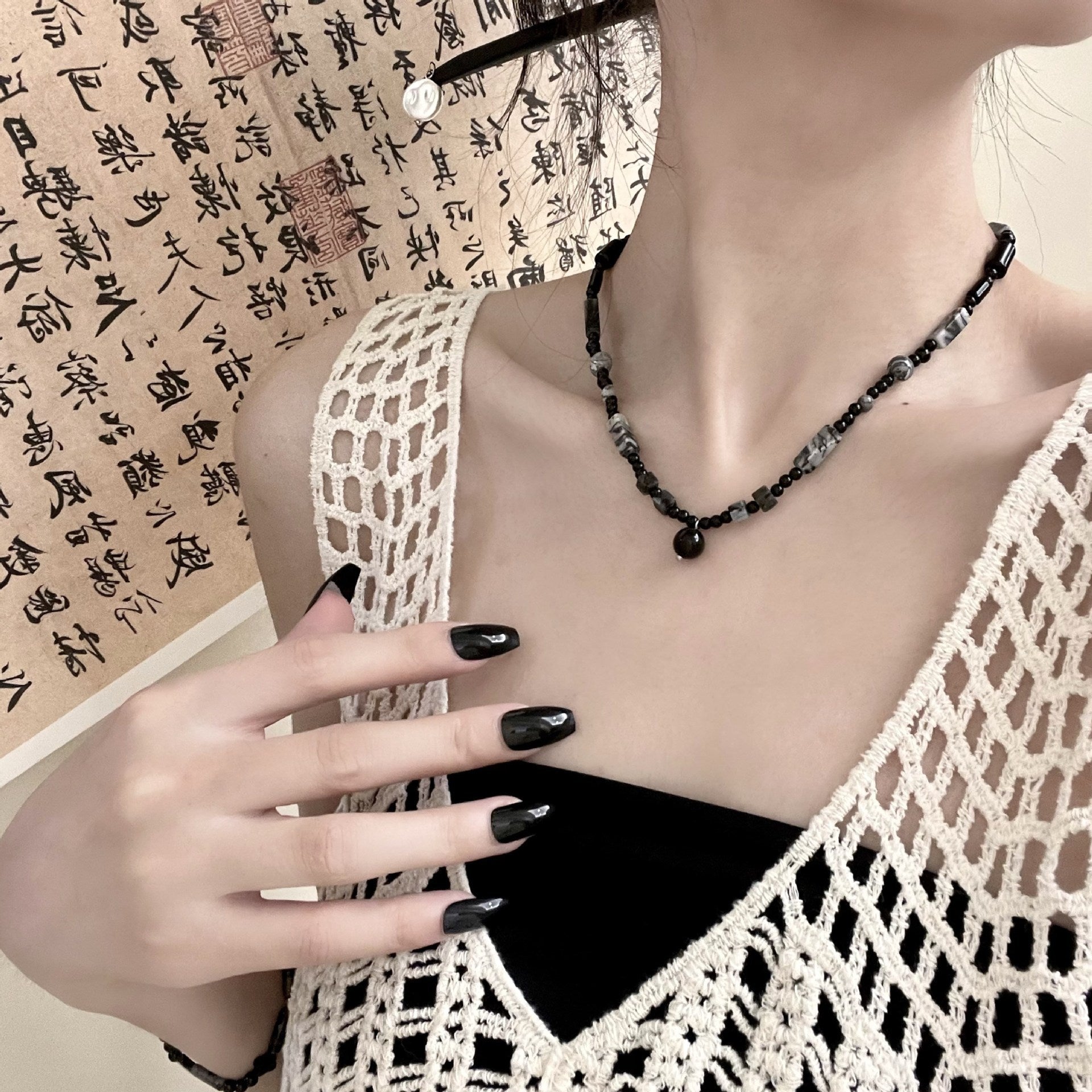 Wholesale Ink Style Beaded Agate Necklace