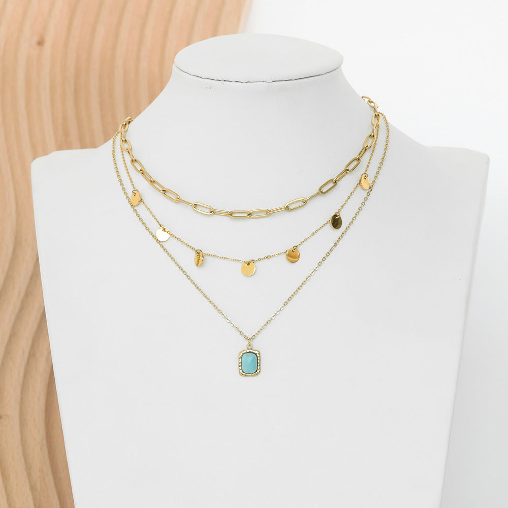 Wholesale 20PCS Natural Stone Square Brand Titanium Steel Retro Multi-layer Turquoise Necklace