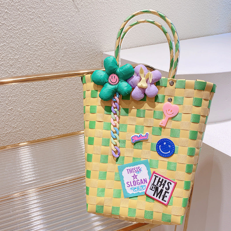 Cesta de vegetales al por mayor Summer Rainbow Nylon Woven Tote bolsas