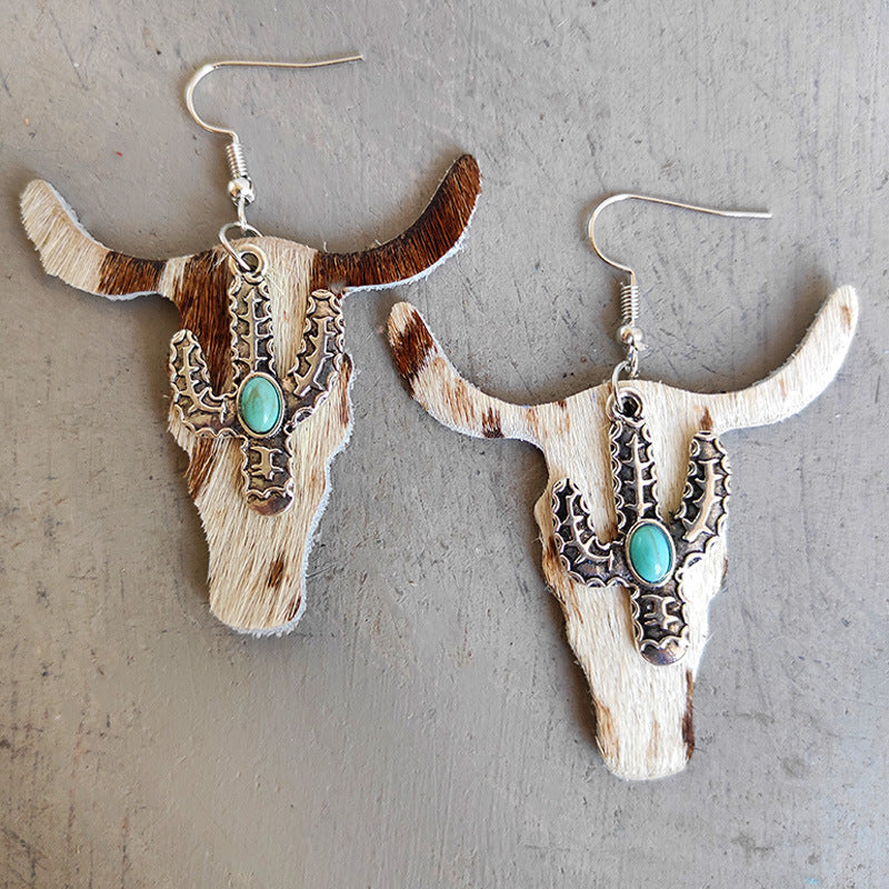 Wholesale 2 Pairs/Pack Leopard Cow Pattern Cactus Bull Head Alloy Leather Earrings