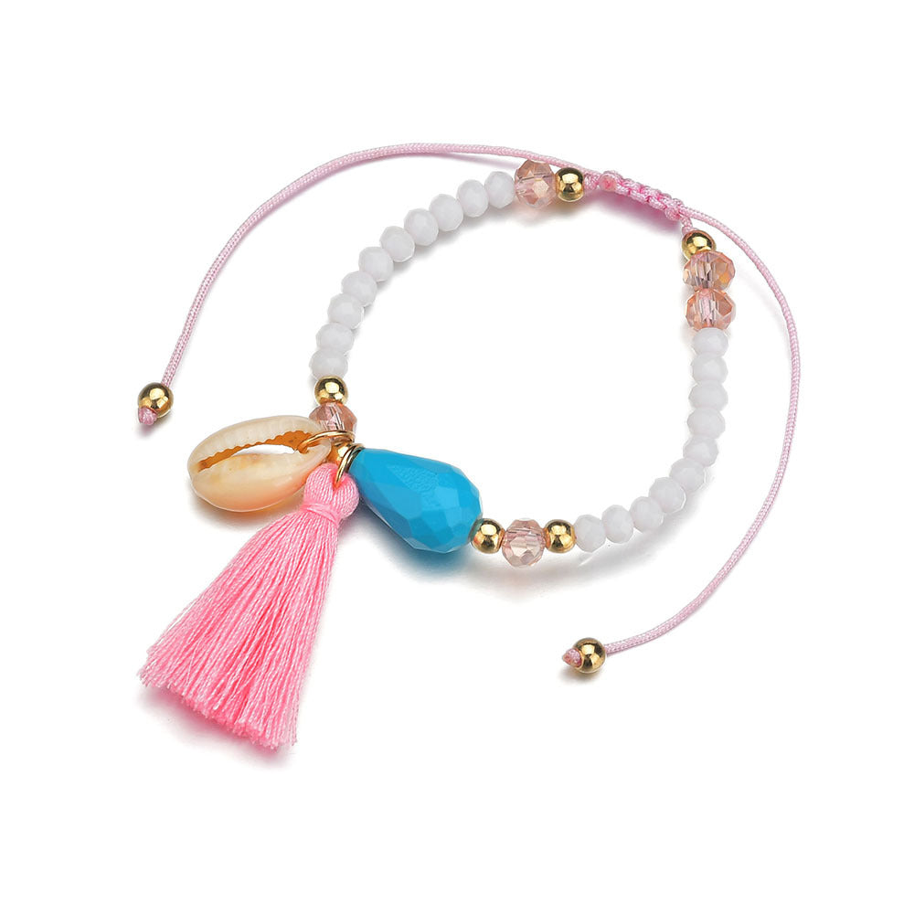 Wholesale Vintage Shell Beaded Pink Tassel Anklet