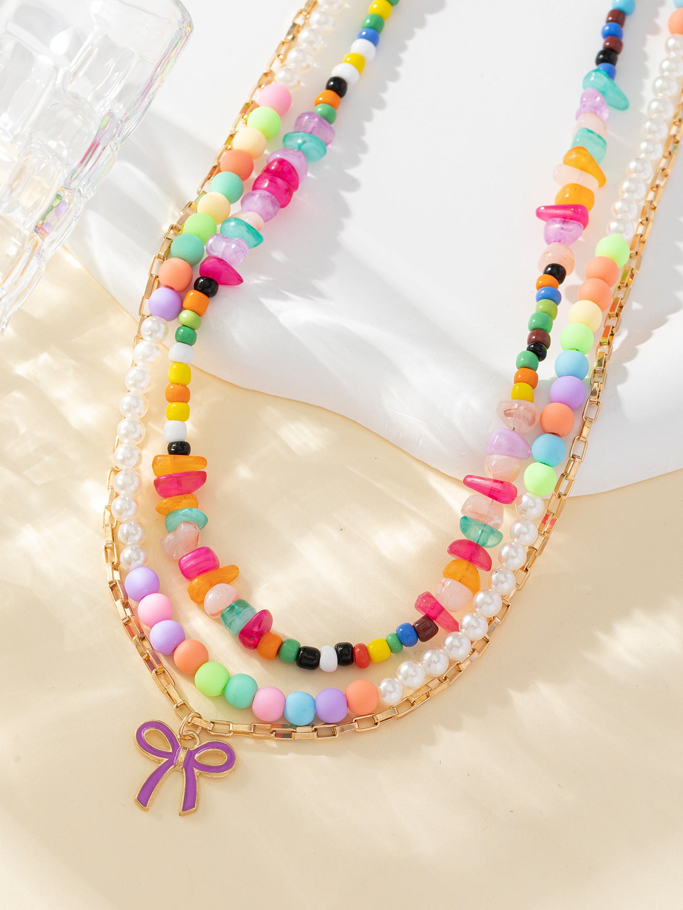 Wholesale Rice Beads Acrylic Drip Oil Bow Necklaces
