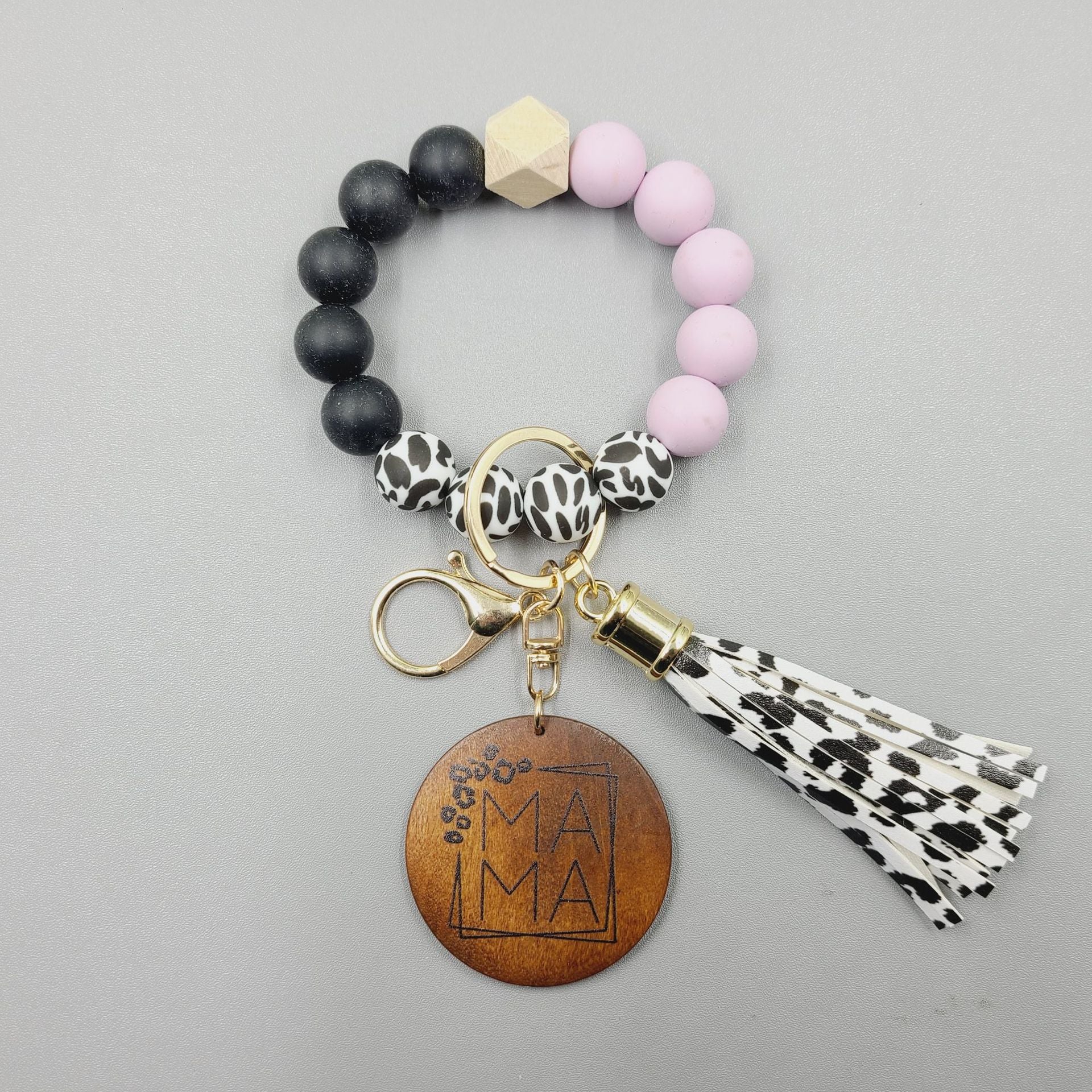Wholesale 5pcs/pack MAMA Wooden Brand Cow Pattern Silicone Beaded Wrist Keychain