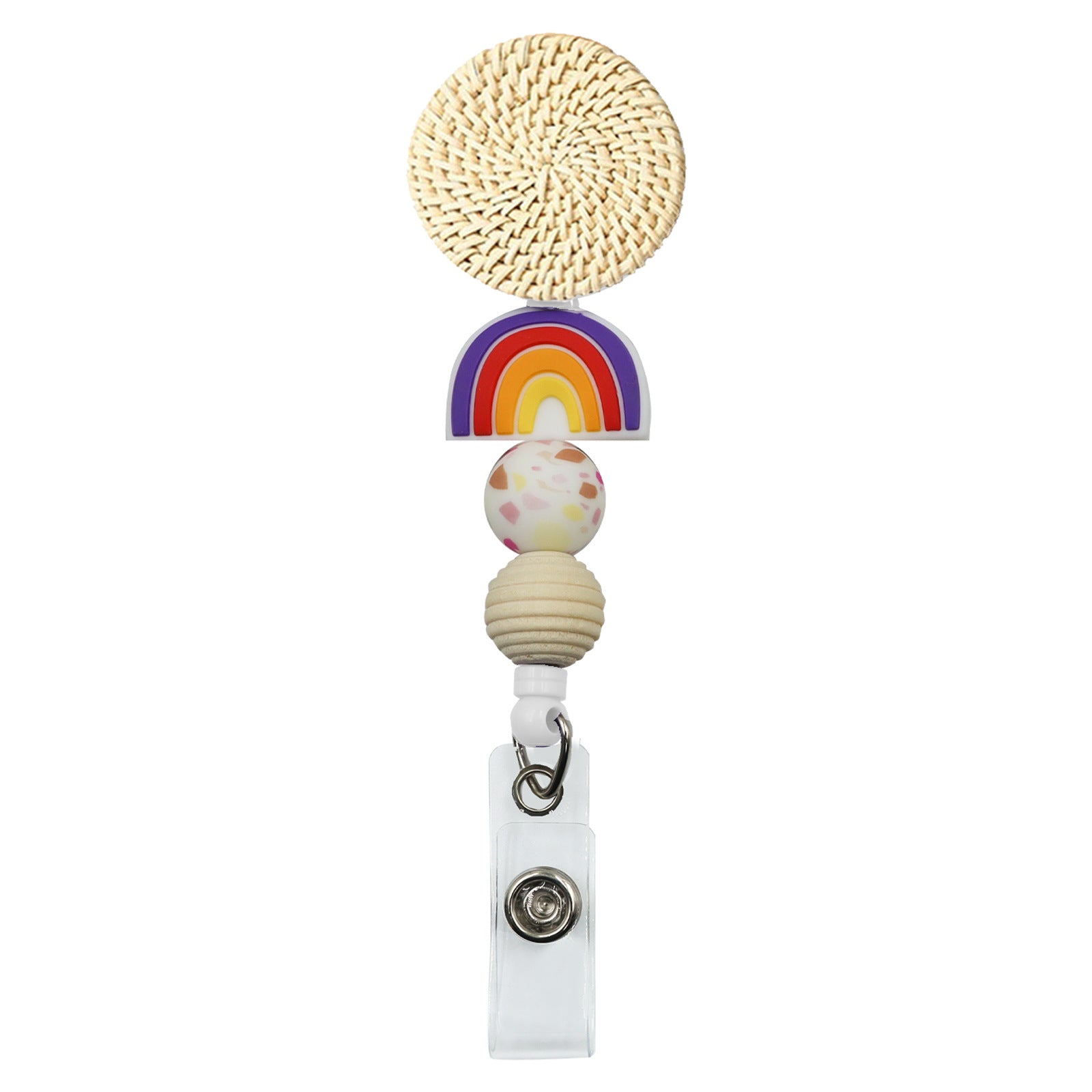 Wholesale Badge Reels Rattan Silicone Beads Rainbow retractable keychain