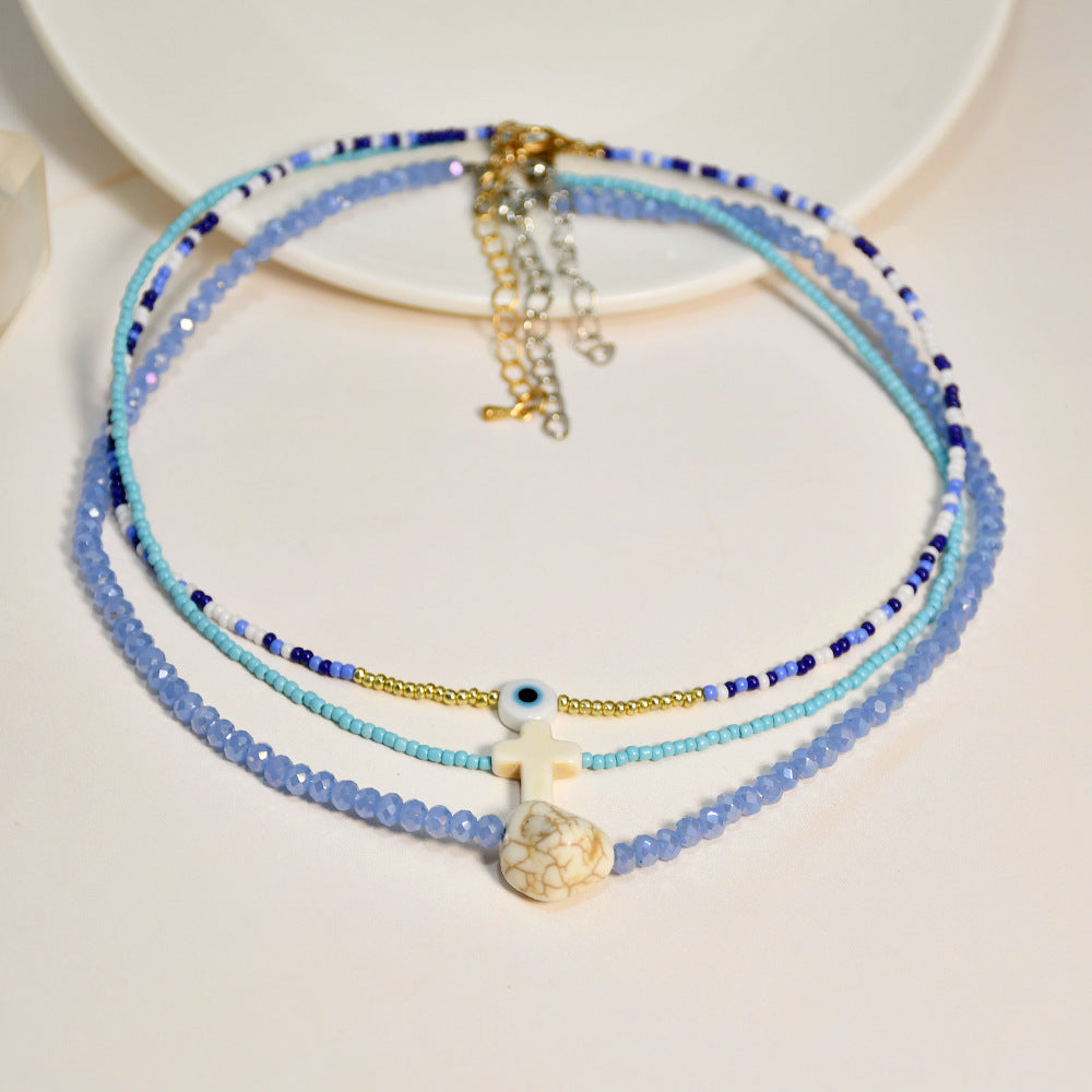 Wholesale Glass Blue Eyes Rice Beads Cross Layer Necklace