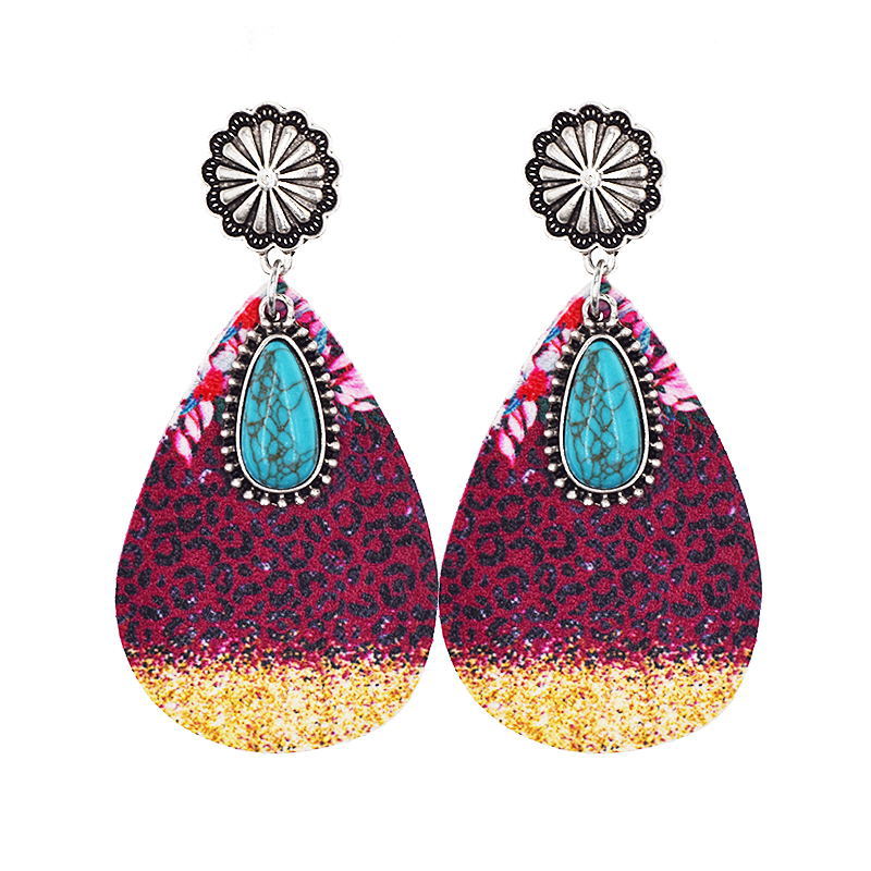 Wholesale Western Denim Leopard Leather Earrings