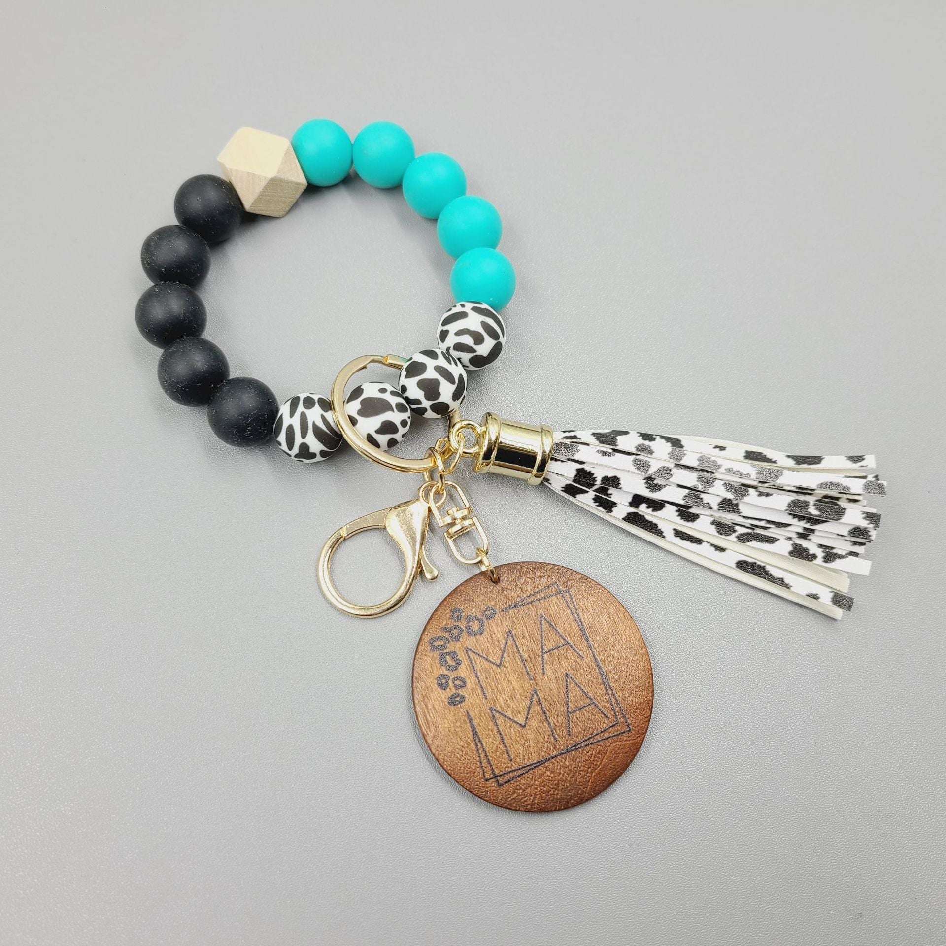 Wholesale 5pcs/pack MAMA Wooden Brand Cow Pattern Silicone Beaded Wrist Keychain
