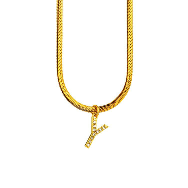 Wholesale Titanium Steel 26 Letters Flat Snake Bone 18K Gold Necklace