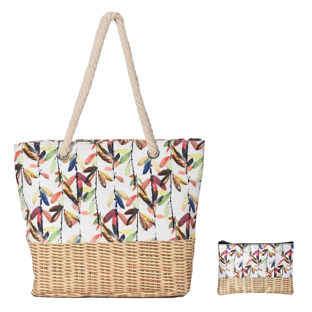 Bolsa de playa de gran capacidad con cremallera de cuerda gruesa con estampado de lona de bambú de paja al por mayor