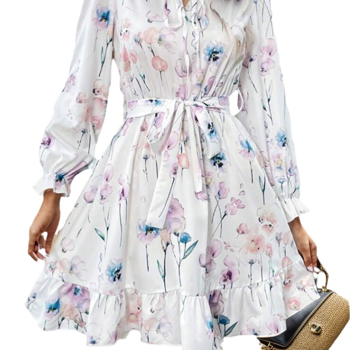 Wholesale Polyester Half Turtle Neck Tie Waist Floral Print Long Sleeve Dress