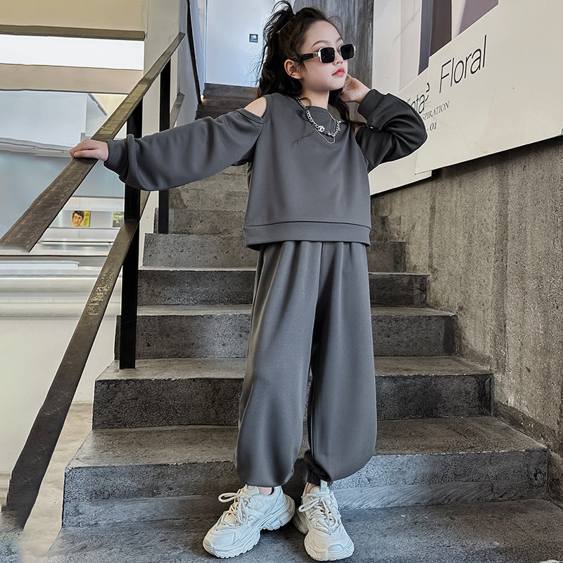 Wholesale Cotton Mid Size Children's Open Shoulder Hoodie Casual Harlan Pants Two-piece Set Trendy