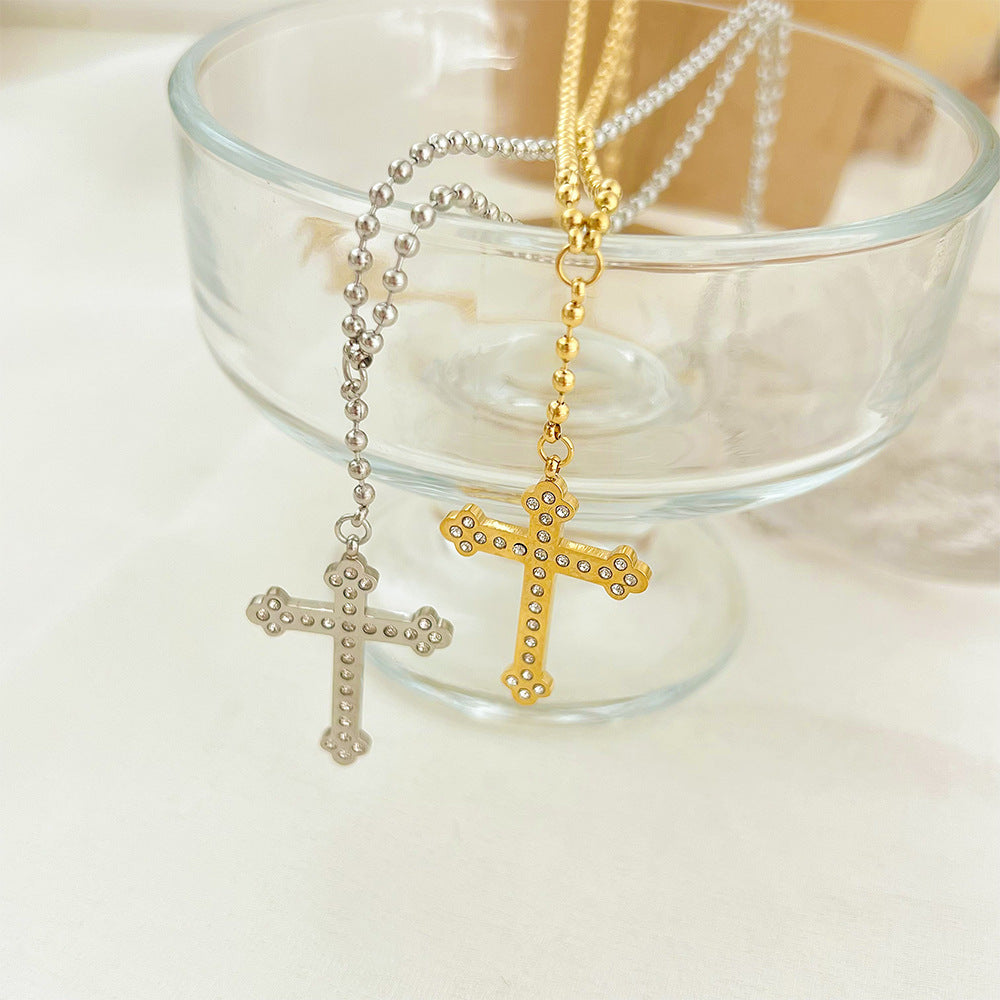 Wholesale Stainless Steel Gold Plated Cross Diamond Clavicle Necklace