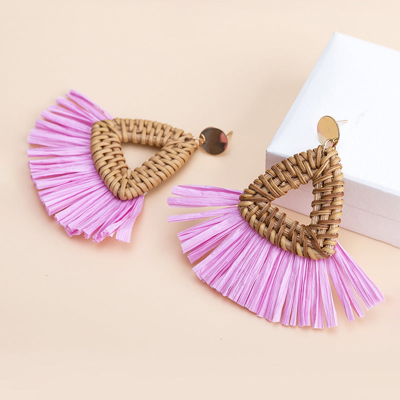 Wholesale Vacation Rattan Straw Tassels Earrings