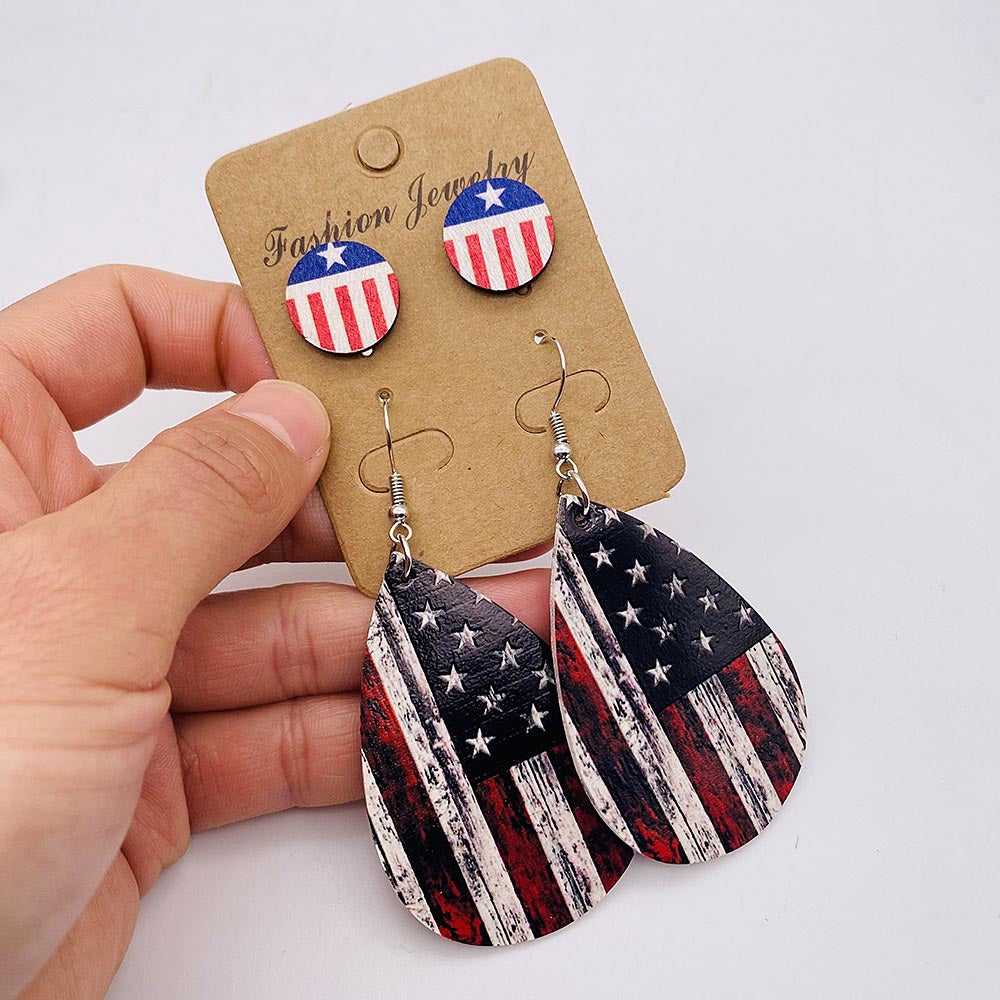 Wholesale Independence Day American Flag Leather Earrings Stud Set