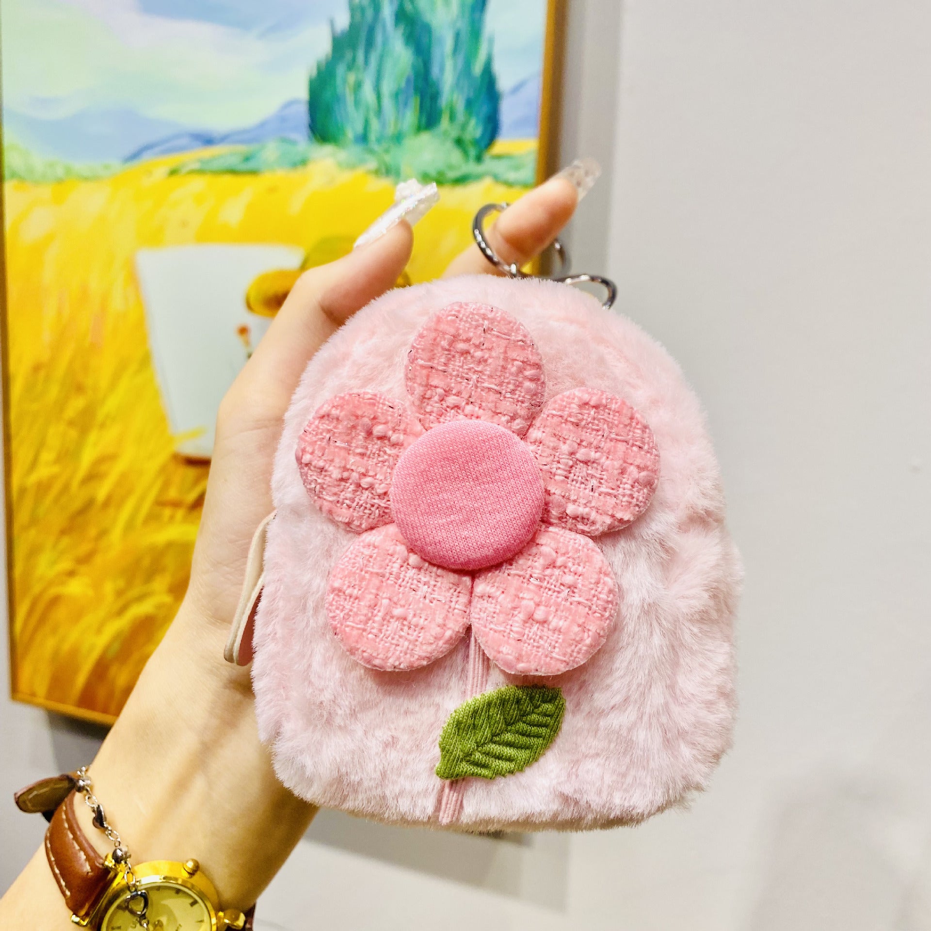 Llavero de bolso de monedas de flores de felpa al por mayor