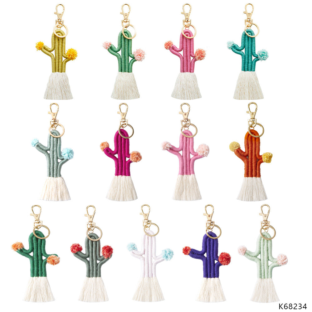 Wholesale Braided Cactus Bohemian Flower Tassel Cotton Rope Keychain