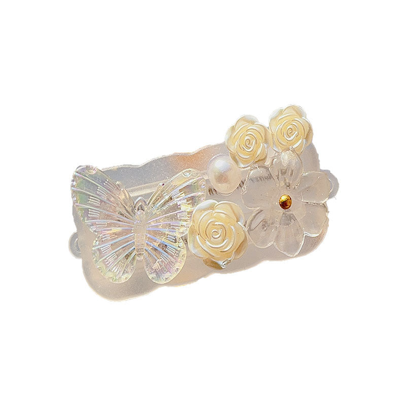 Venta al por mayor, cadena de plástico, mariposa creativa, flor de perla, carcasa de teléfono móvil, Clip trasero