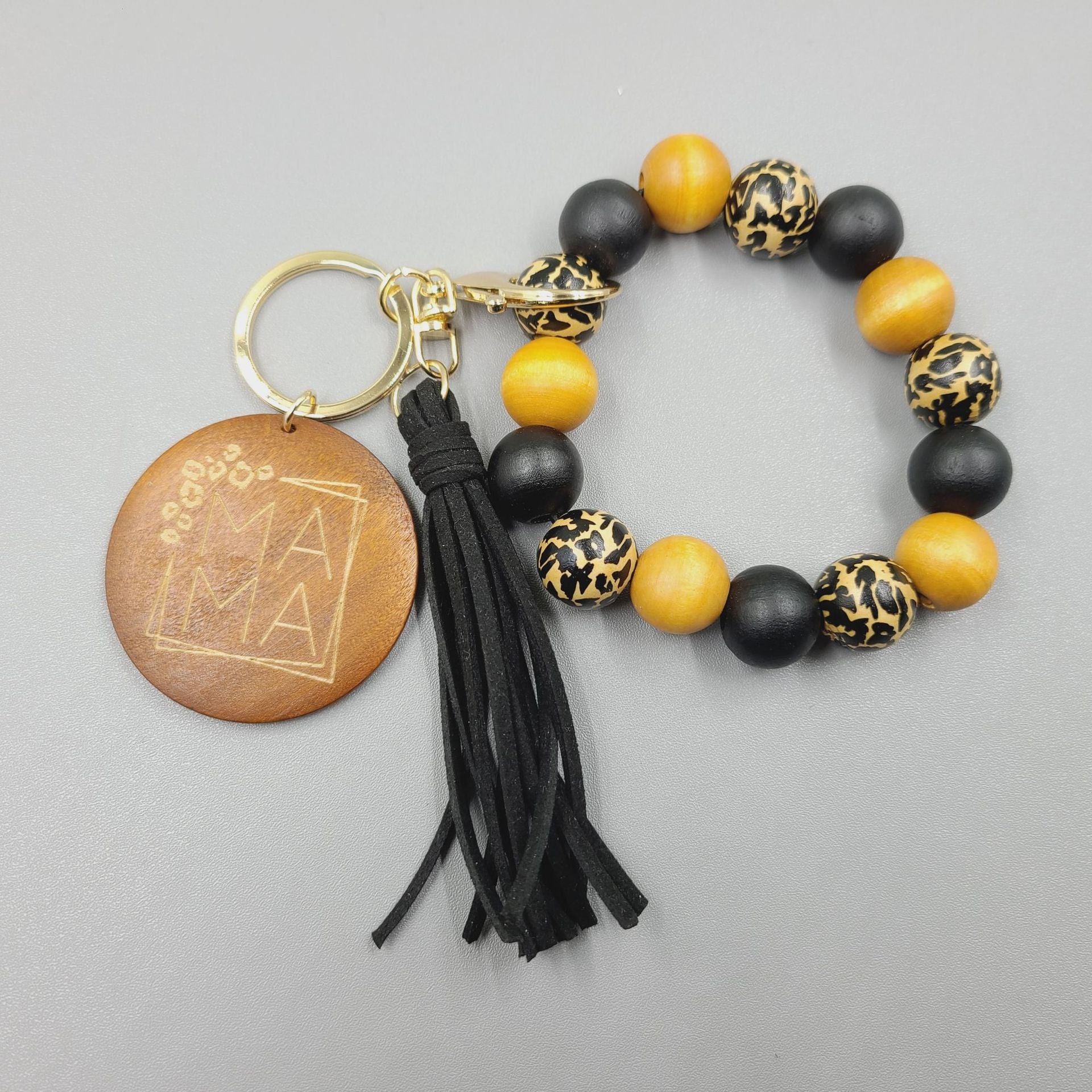 Wholesale 5pcs/pack MAMA Mother's Day Leopard Tassel Silicone Beaded Wrist Keychain