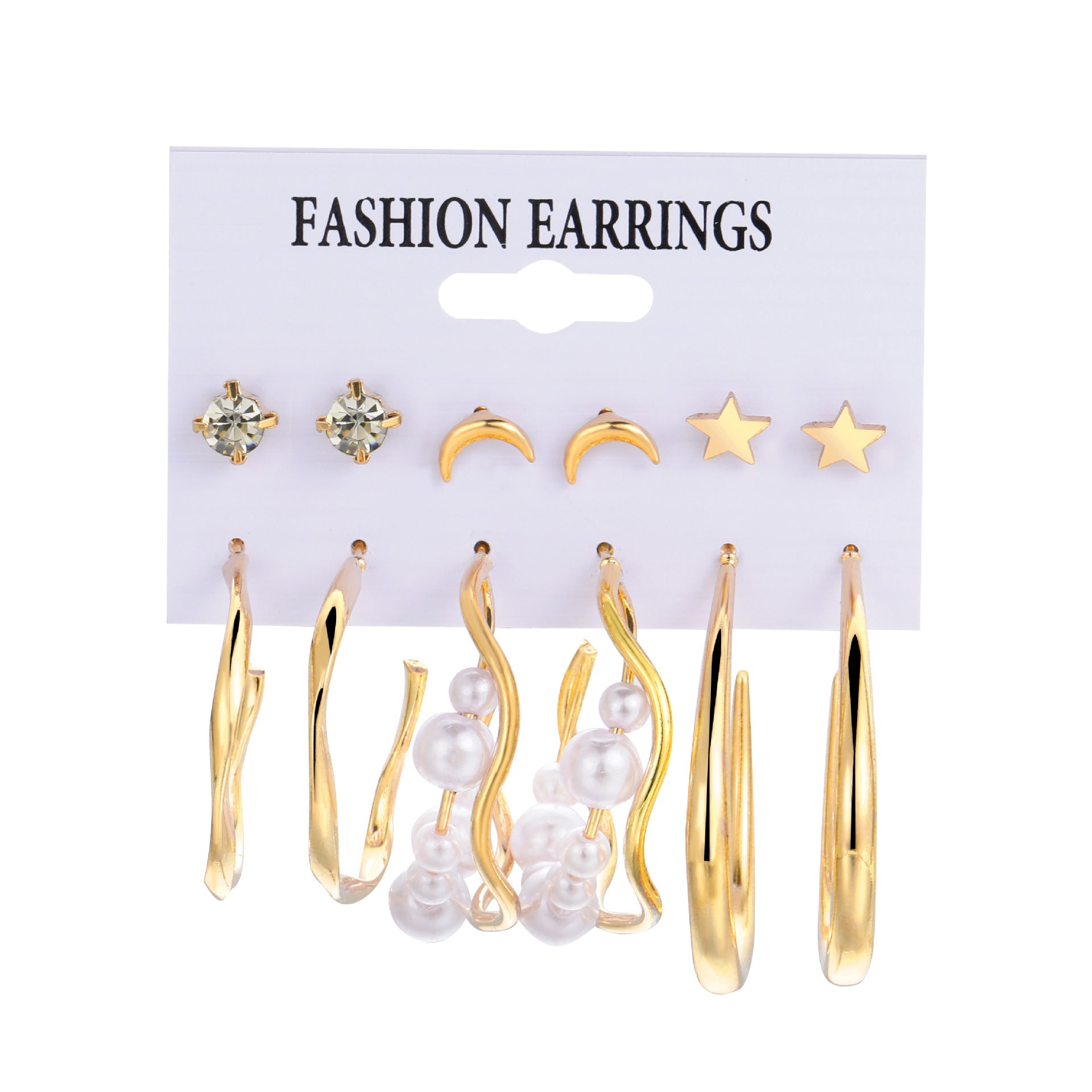 Juego de 6 aretes de aleación Pearl Moon Star al por mayor