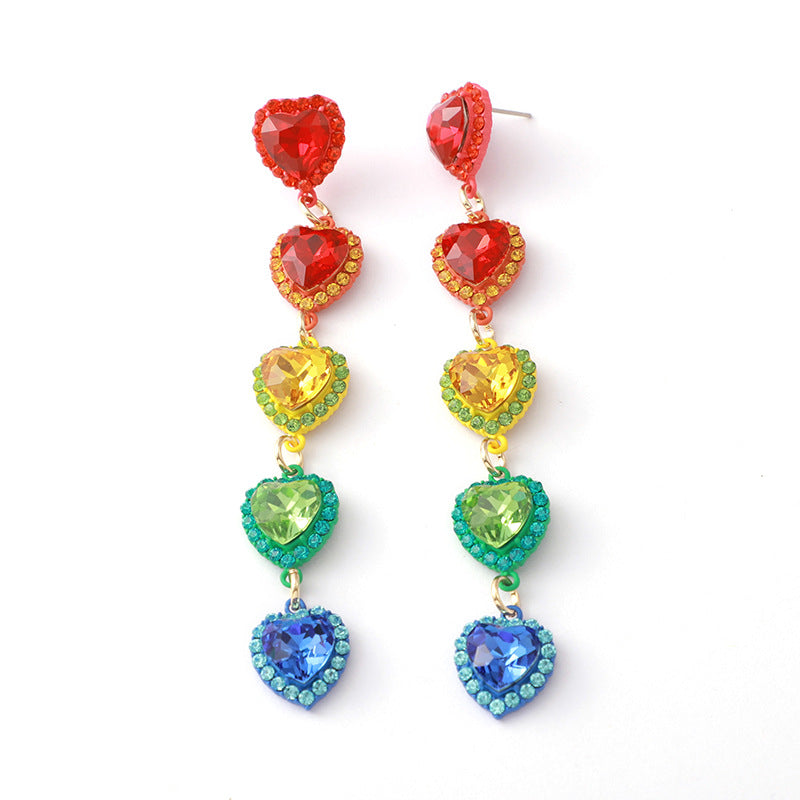 Pendientes De Cobre Con Diamantes En Forma De Corazón De Color Arcoíris Al Por Mayor