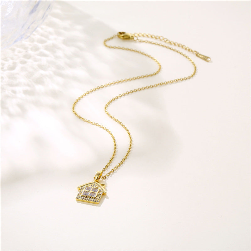 Wholesale Stainless Steel Zircon House Shape Cross Chain Creative Necklace