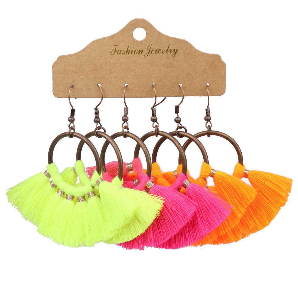 Wholesale Bohemian Tassels Three Pair Alloy Earrings