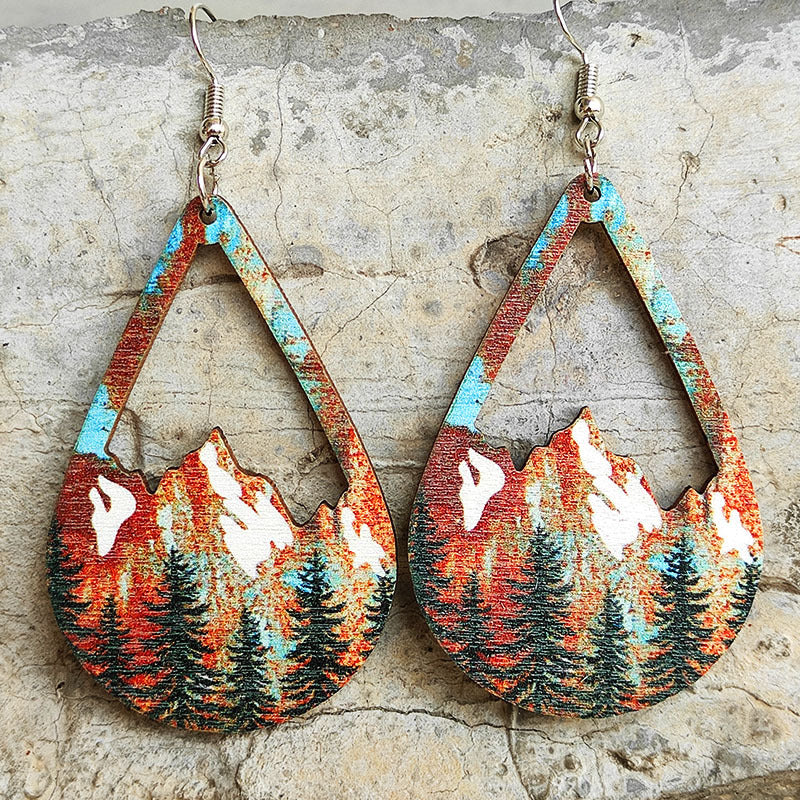 Wholesale 2 Pairs/Pack Distressed Forest Snow Mountain Wood Earrings