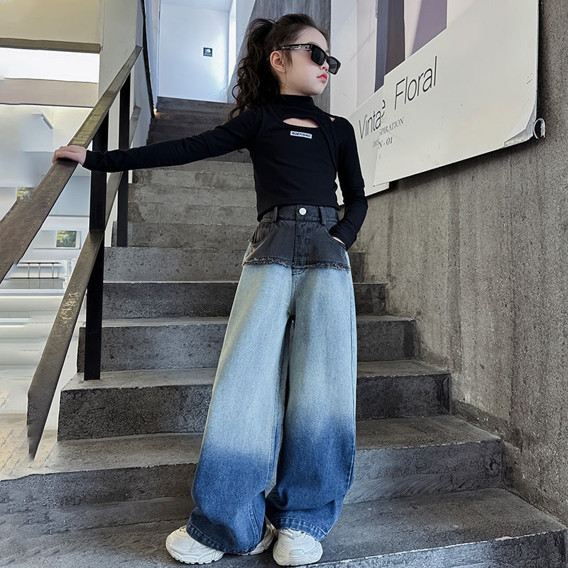 Wholesale Children's Waistband Contrasting Raw Edge Gradient Straight Wide Leg Cotton Jeans