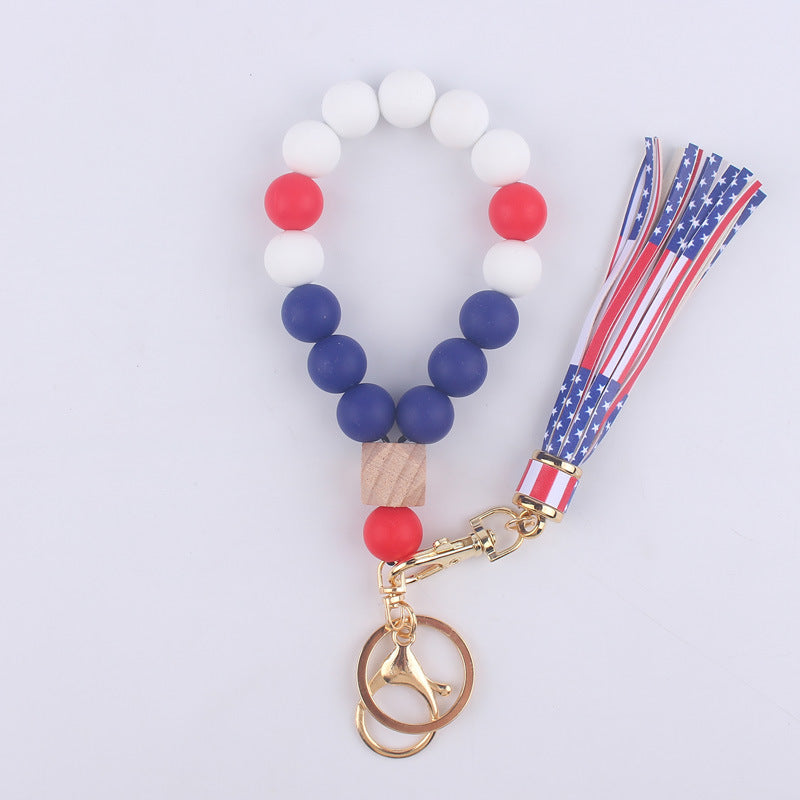 Wholesale US Flag Tassel Silicone Beaded Wrist Keychain