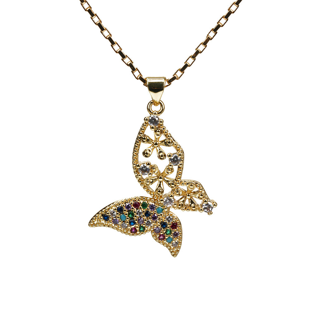Venta al por mayor, regalo para el día de la madre, collar de mariposa de oro real chapado en cobre con incrustaciones de diamantes para mamá
