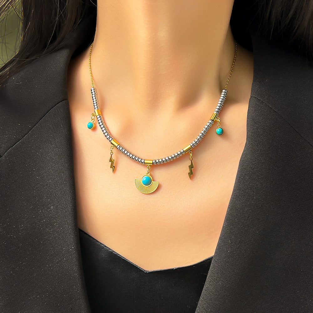 Wholesale Titanium Steel Double Layer Turquoise Pendant Necklace