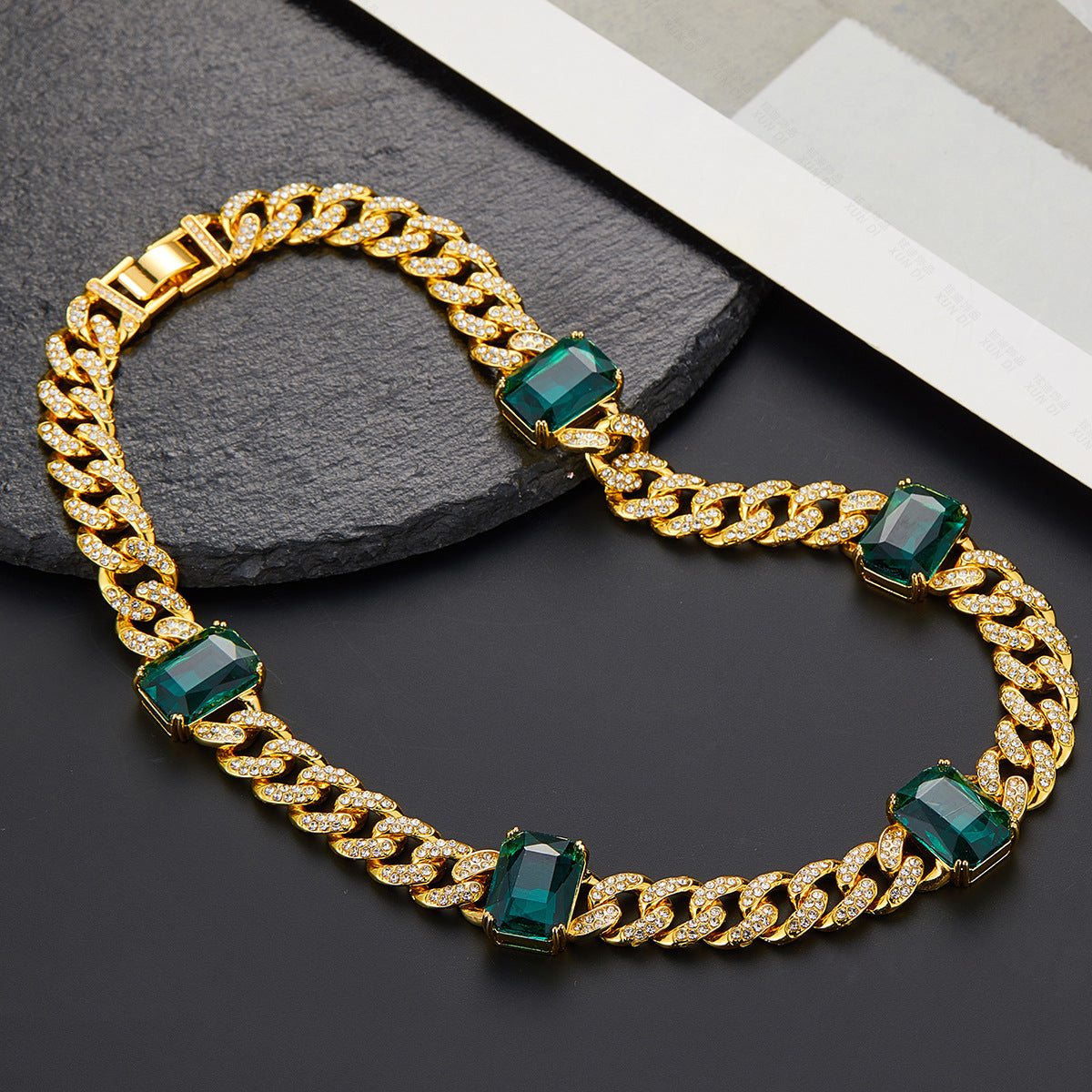 Wholesale Emerald Alloy Rhinestone Cuban Necklaces