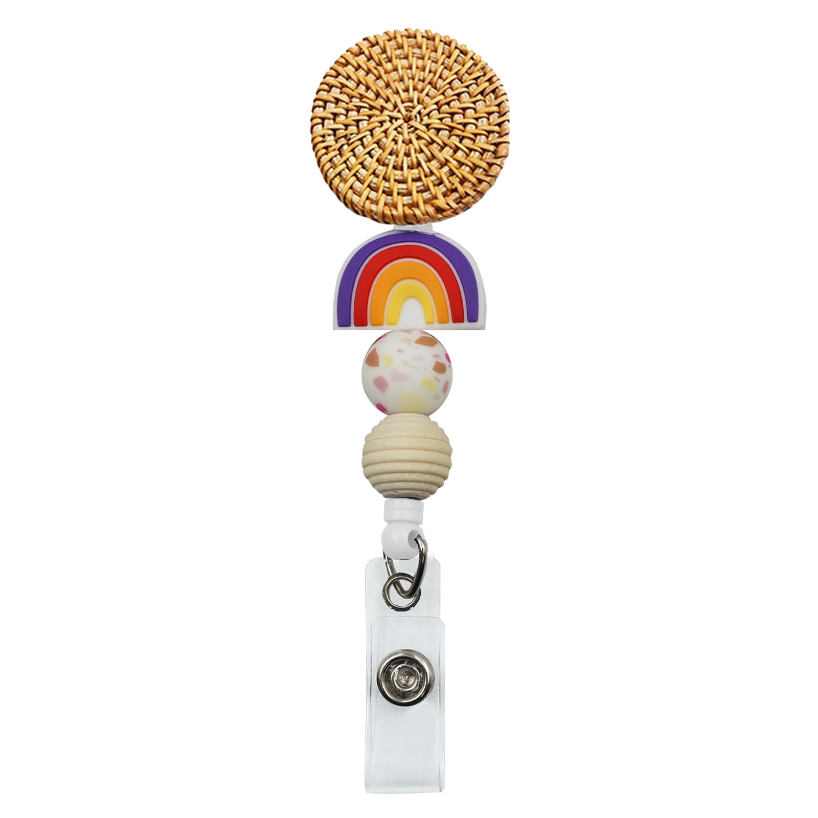Wholesale Badge Reels Rattan Silicone Beads Rainbow retractable keychain