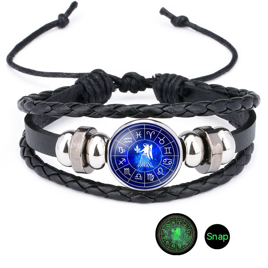 Wholesale Luminous 12 Constellation Time Gems Leather Bracelet