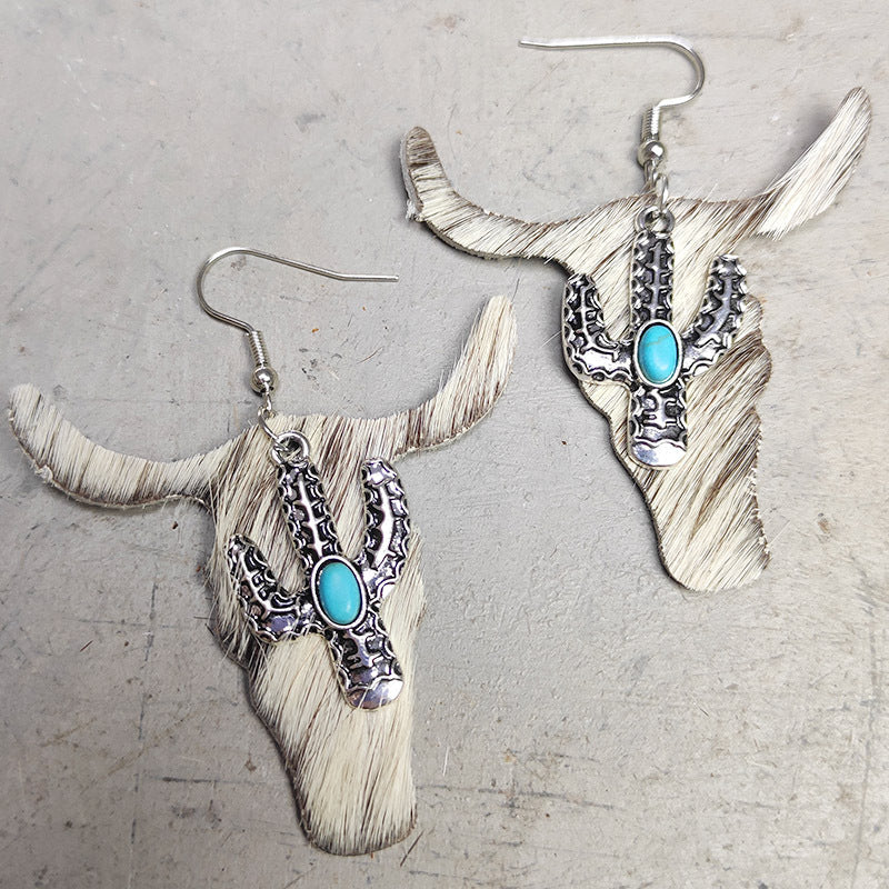 Wholesale 2 Pairs/Pack Leopard Cow Pattern Cactus Bull Head Alloy Leather Earrings