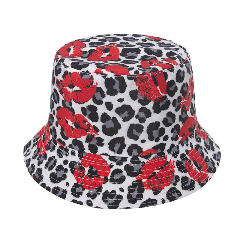 Sombrero de bucket de impresión de labios con estampado de leopardo de poliéster al por mayor