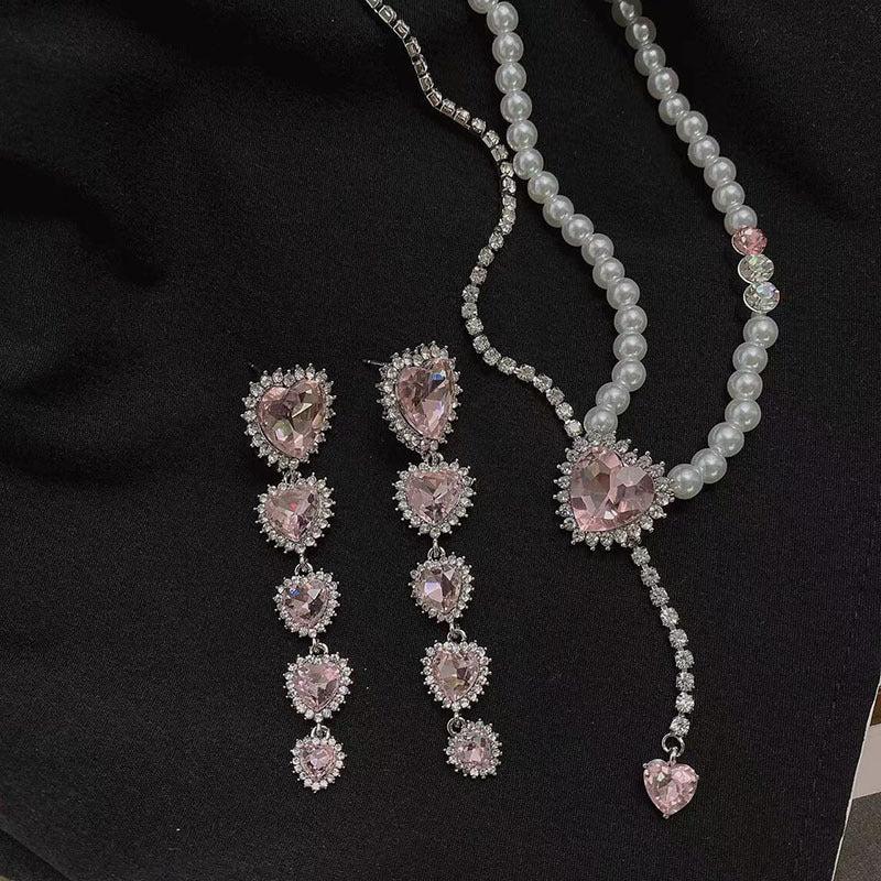 Wholesale Pink Love Gem Pearl Necklace Set