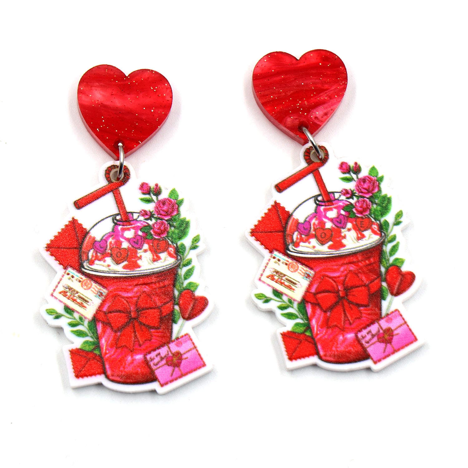 Wholesale Valentine's Day Milk Tea Cups, Roses, Love Acrylic Earrings