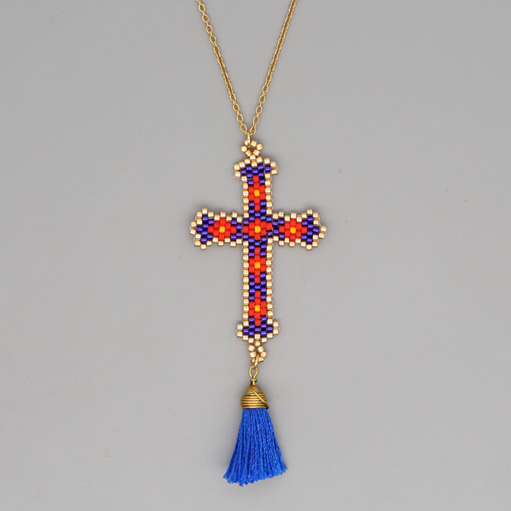 Wholesale Cross Tassel Handwoven Glass Necklace