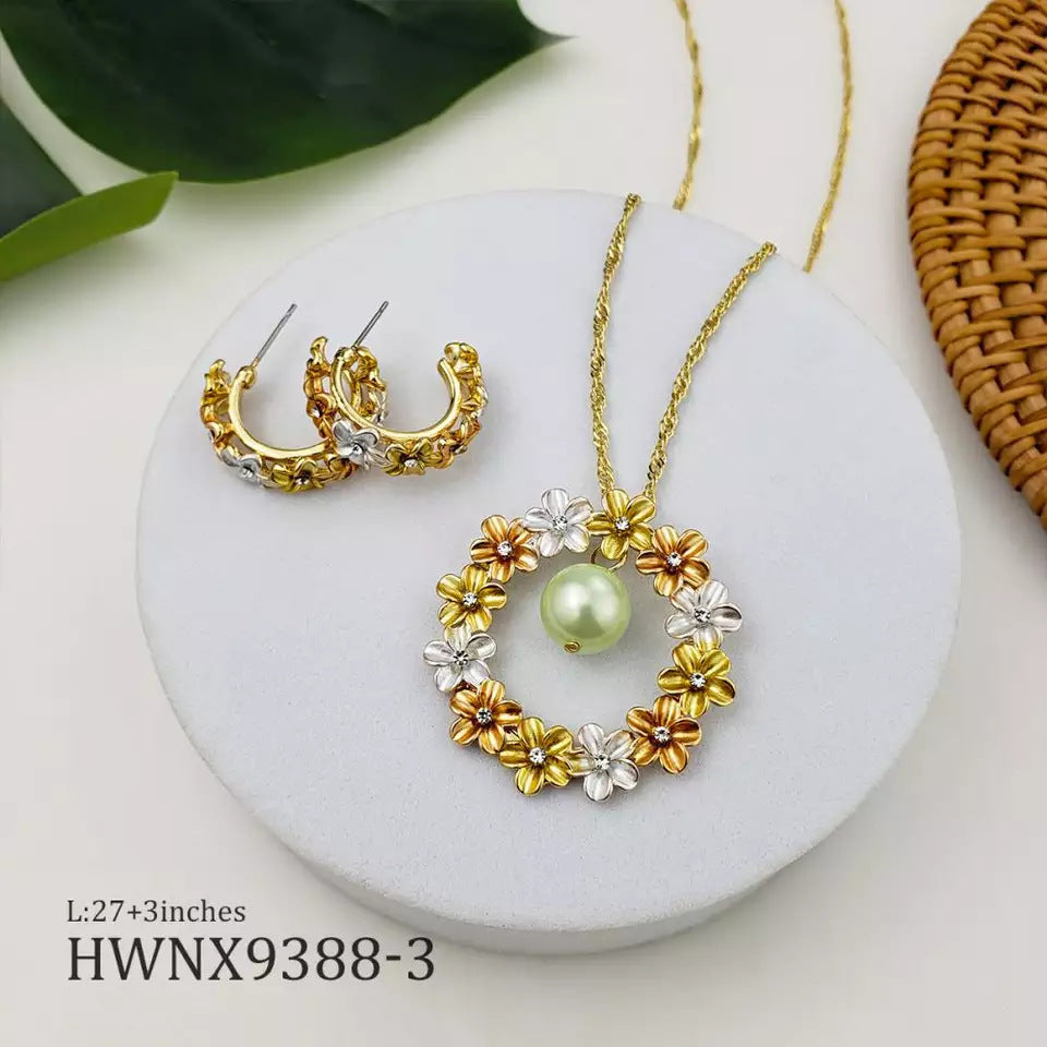 Conjunto de joyas de pendientes de cobre y perlas con corona tricolor hawaiana al por mayor