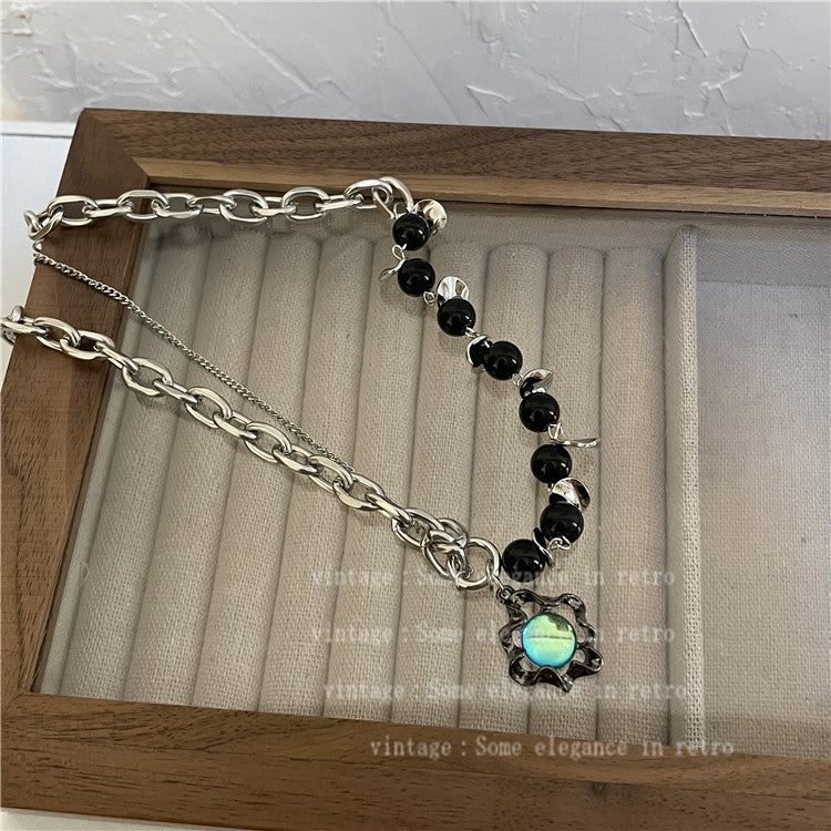 Venta al por mayor Moonstone titanio acero negro collares con cuentas