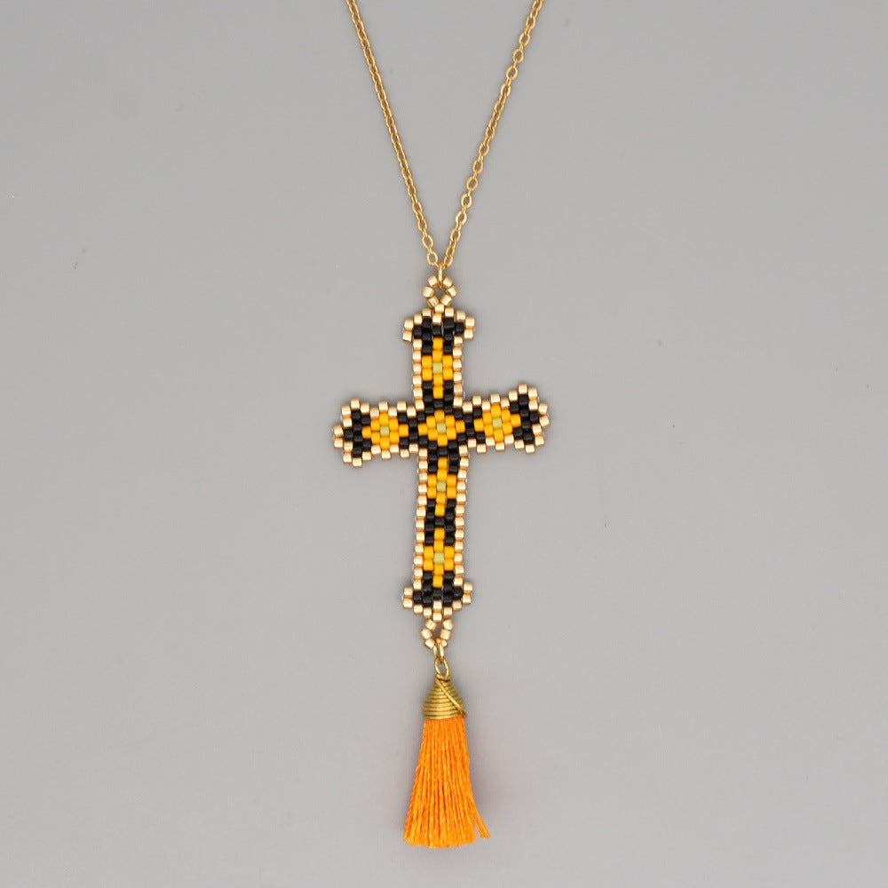 Wholesale Cross Tassel Handwoven Glass Necklace