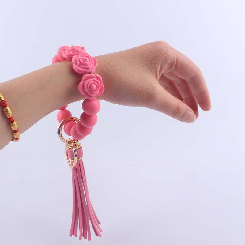 Wholesale Rose Silicone Beaded Wrist Keychain