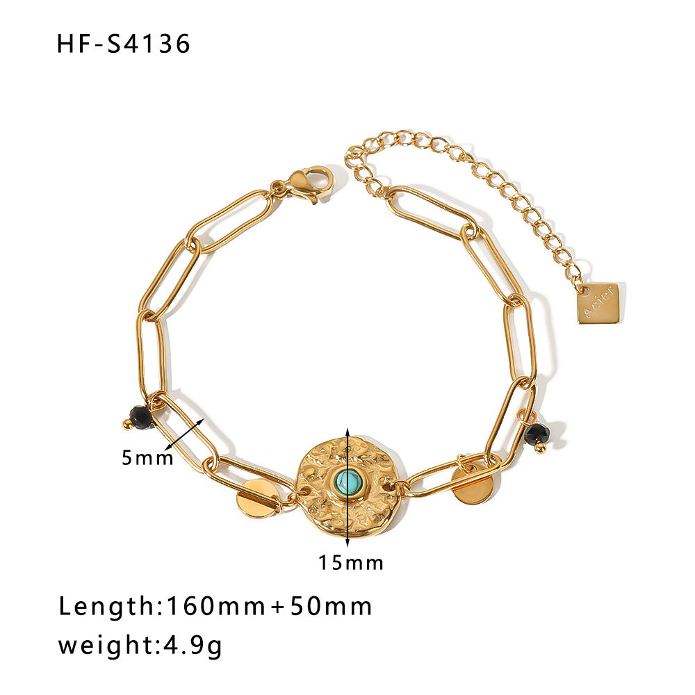 Wholesale Vintage Round Butterfly Natural Stone Zircon Pearl Stainless Steel Bracelet