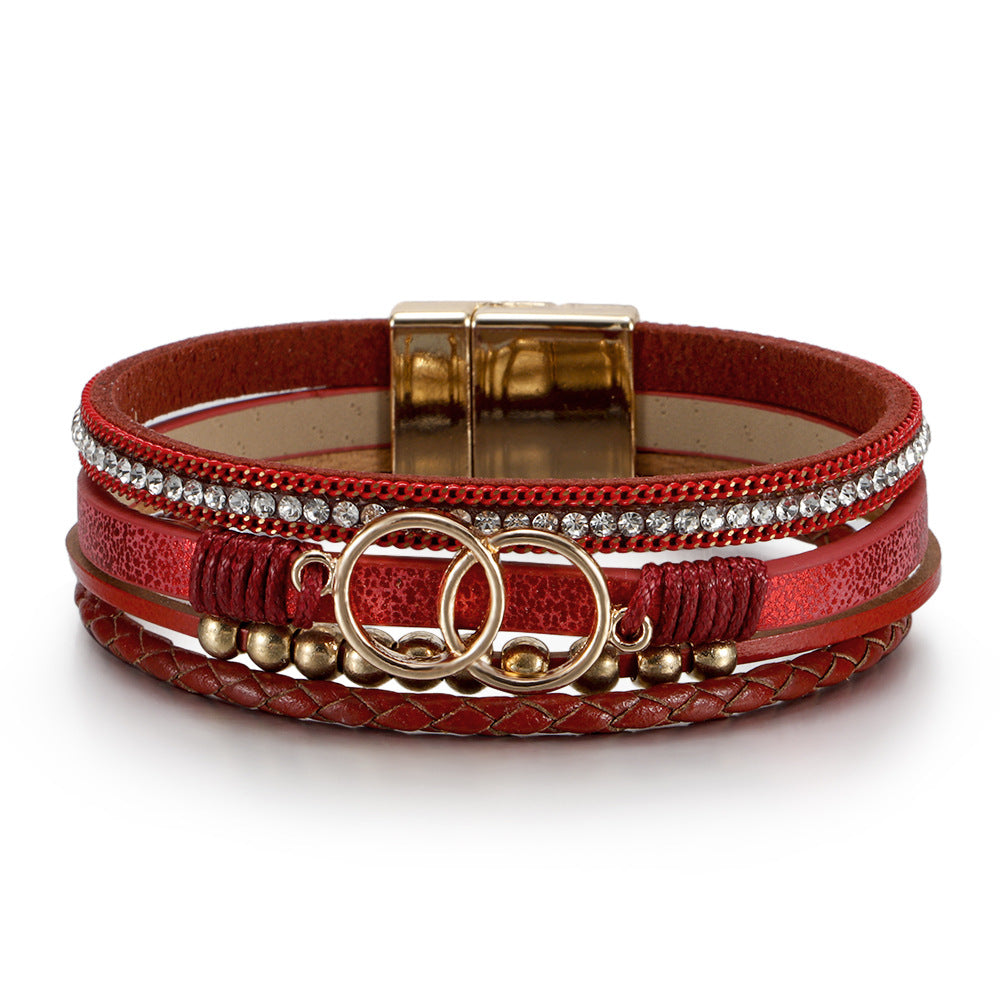 Wholesale Multilayer Braided Leather Double Circle Magnet Buckle Bracelet