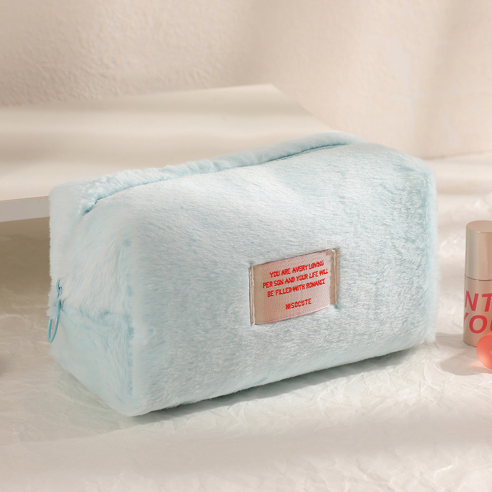 Wholesale Girls Plush Solid Color Makeup Bag Large Capacity Stationery Storage Bag