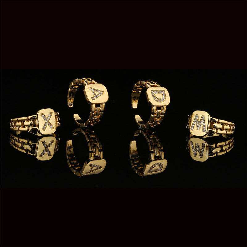Wholesale Gold Plated 26 Letters Copper Adjustable Rings